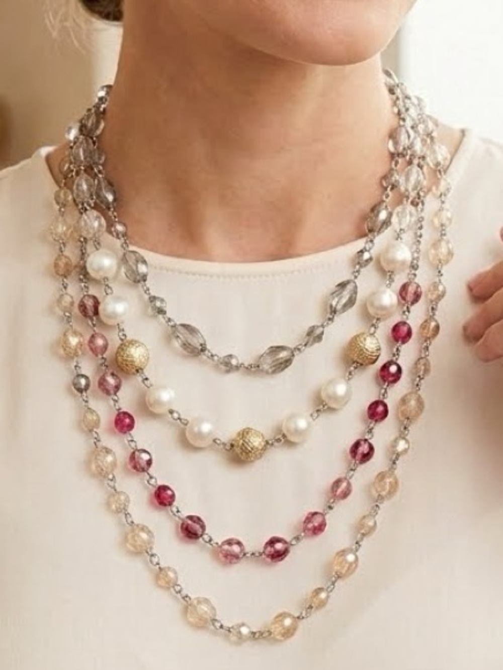 White House Black Market Multi-Gemstone Beaded Strand Pink Pearl Barbie Necklace